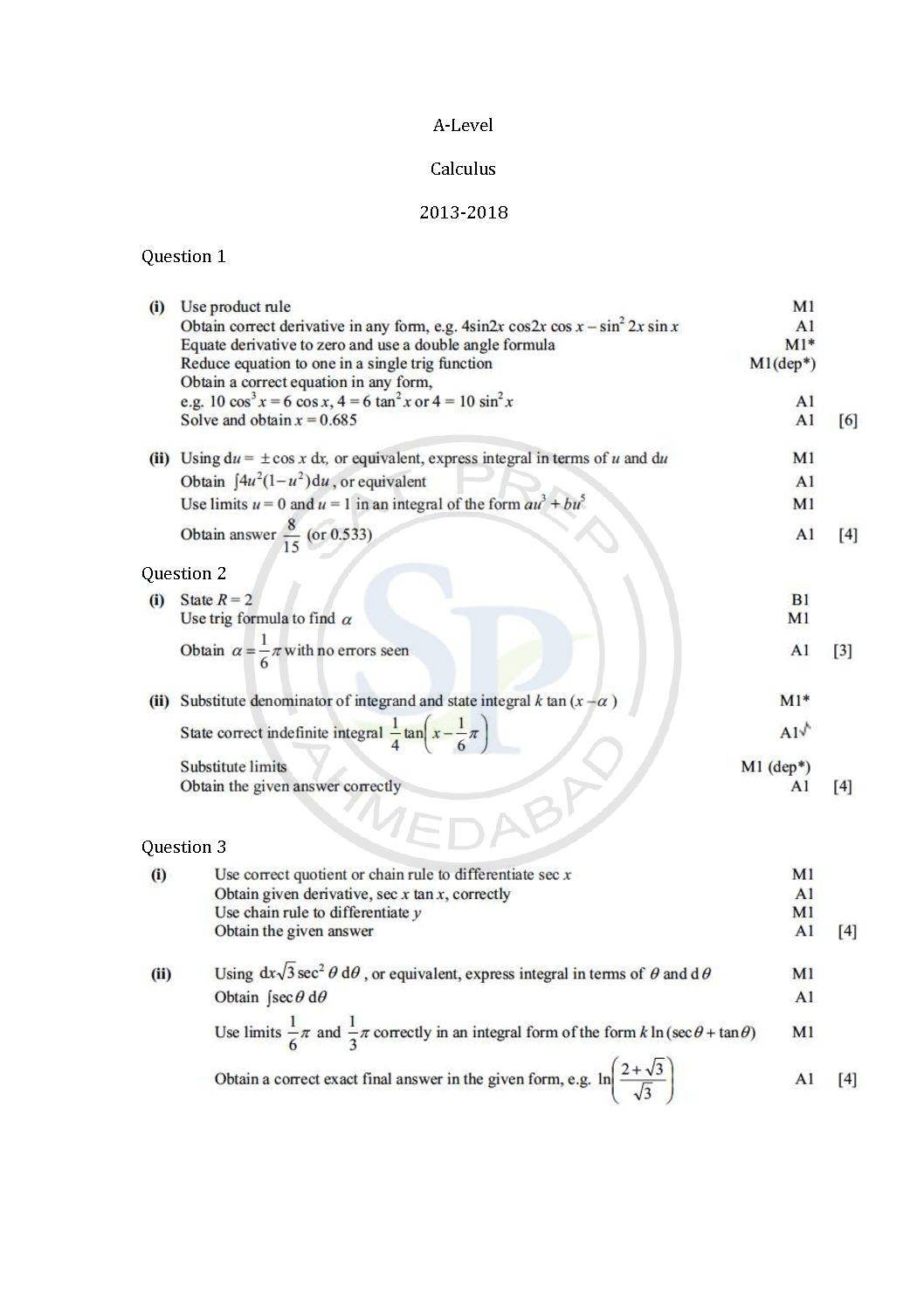 Topic wise A-Level Math Past Paper Calculus MS