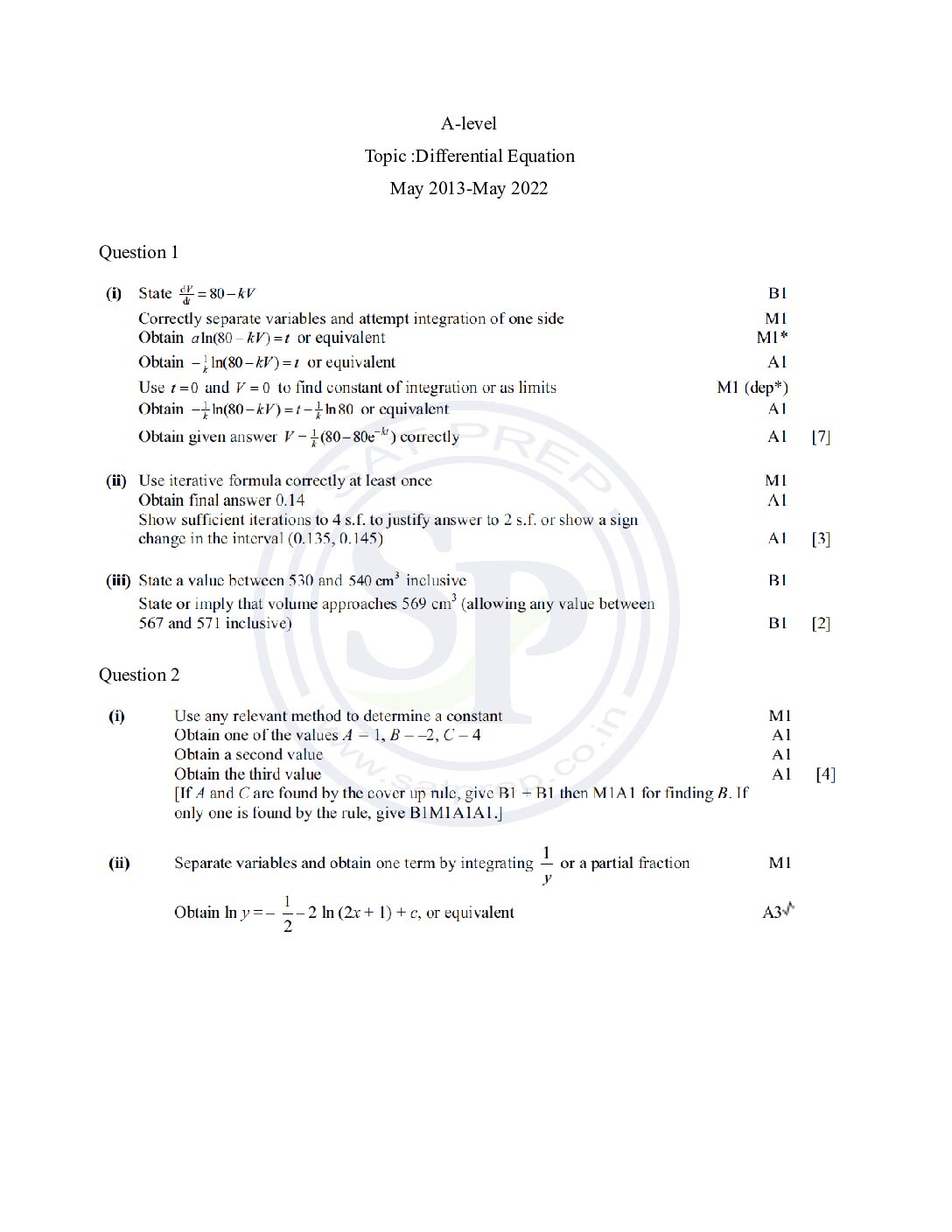 Solution Of Question Of Differential Equation Of A-level