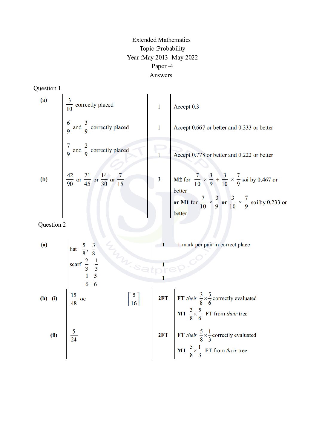 Topic wise IGCSE Extended Math Past Paper 4: Probability Answer - SAT PREP